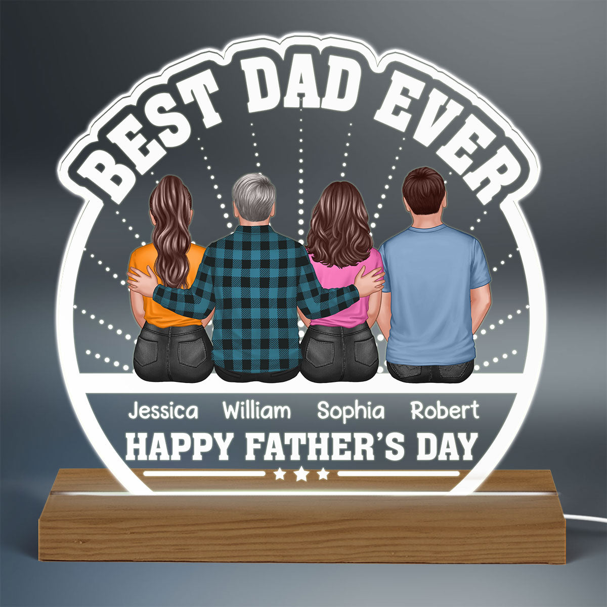 Best Dad Ever Back View Dad And Daughters Sons Sitting Personalized Custom Shape Acrylic Plaque Warm LED Night Light