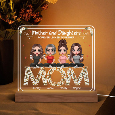 Mom And Daughters Sitting On Daisy Flowers Word Personalized Custom Shape Acrylic Plaque LED Night Light