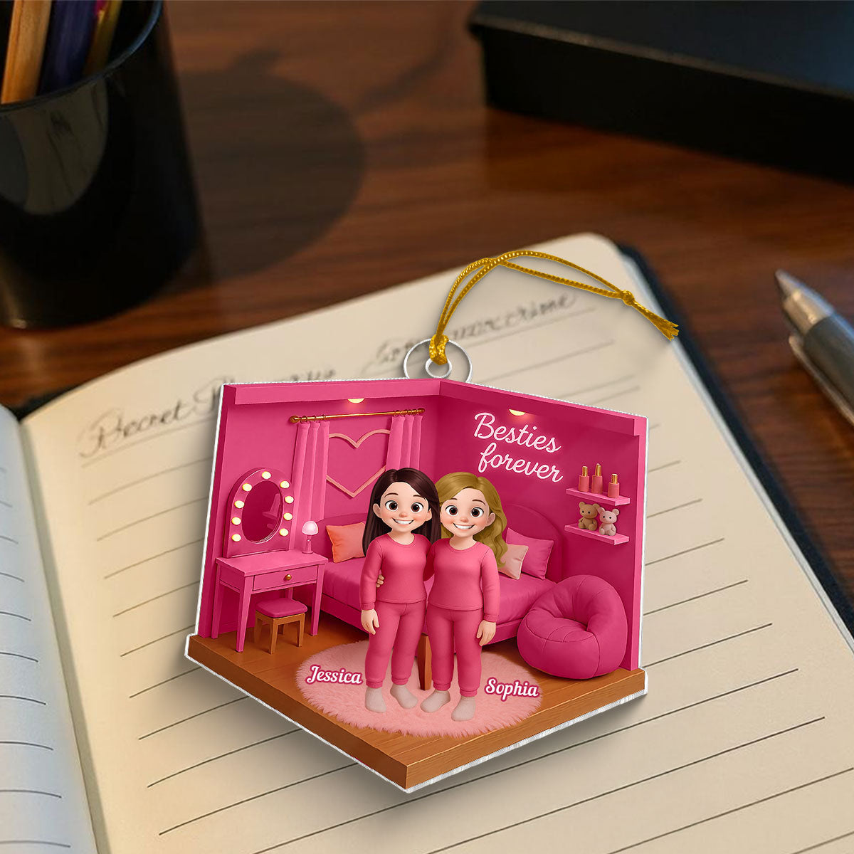 3D Effect Besties Pink Tone Diorama Dream Dollhouse Personalized Flat Acrylic Ornament, Keepsake