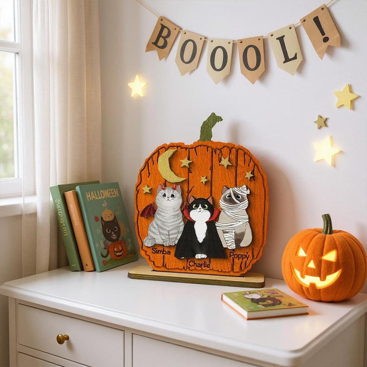 Halloween Cat Pumpkin Shaped - Personalized 2-Layered Wooden Plaque - Gift For Cat Lovers