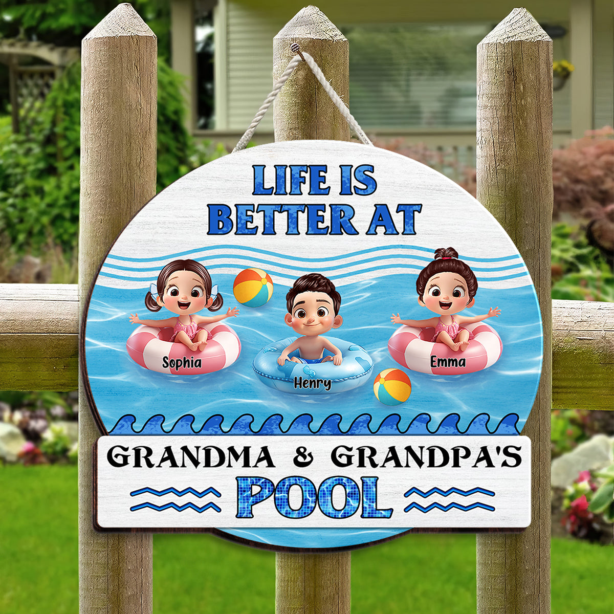 Life is Better at Grandma & Grandpa Pool Personalized Wooden Door Sign, Grandchildren Welcome Sign