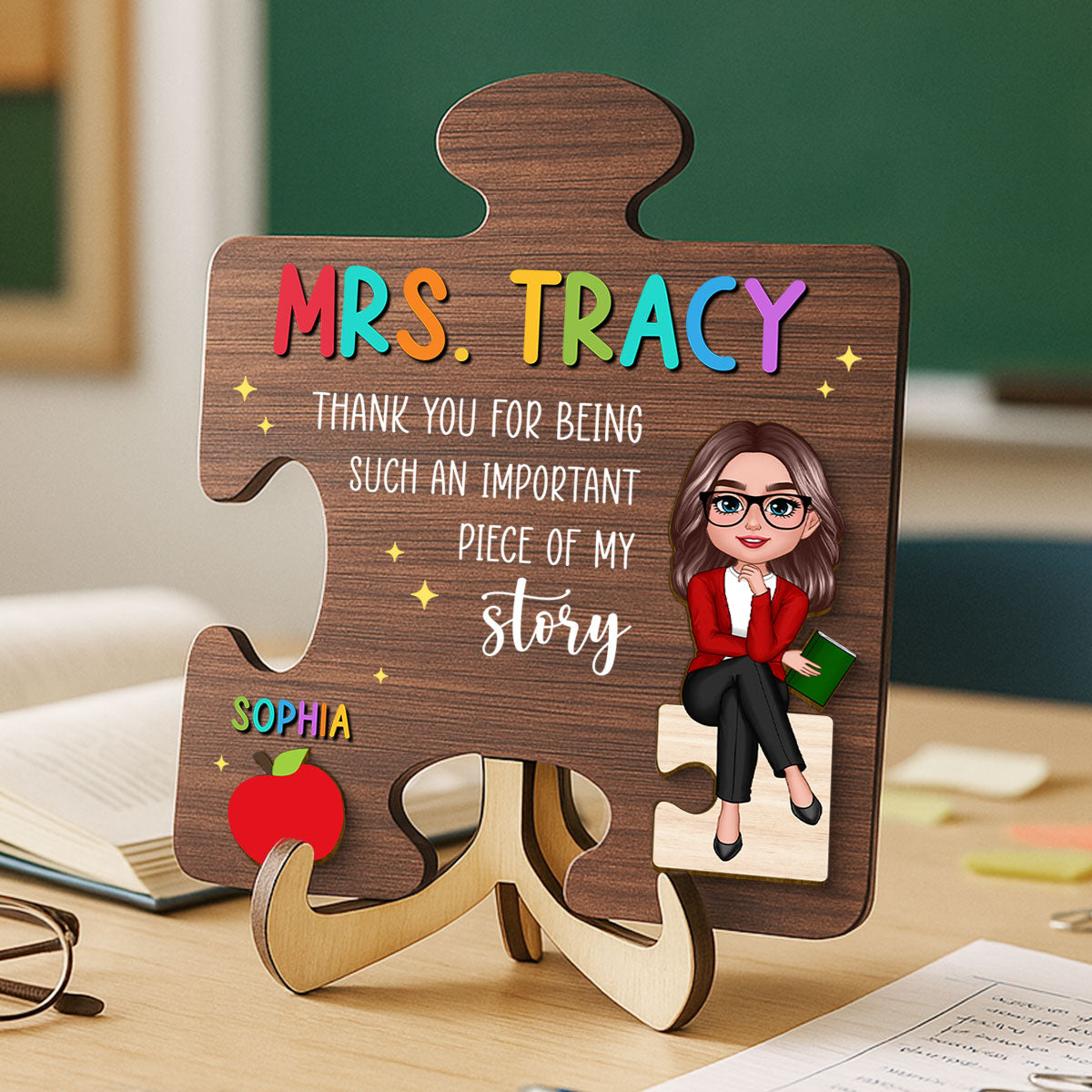 Teacher Thank You For Being Important Piece Of My Story Personalized 2-Layer Wooden Plaque