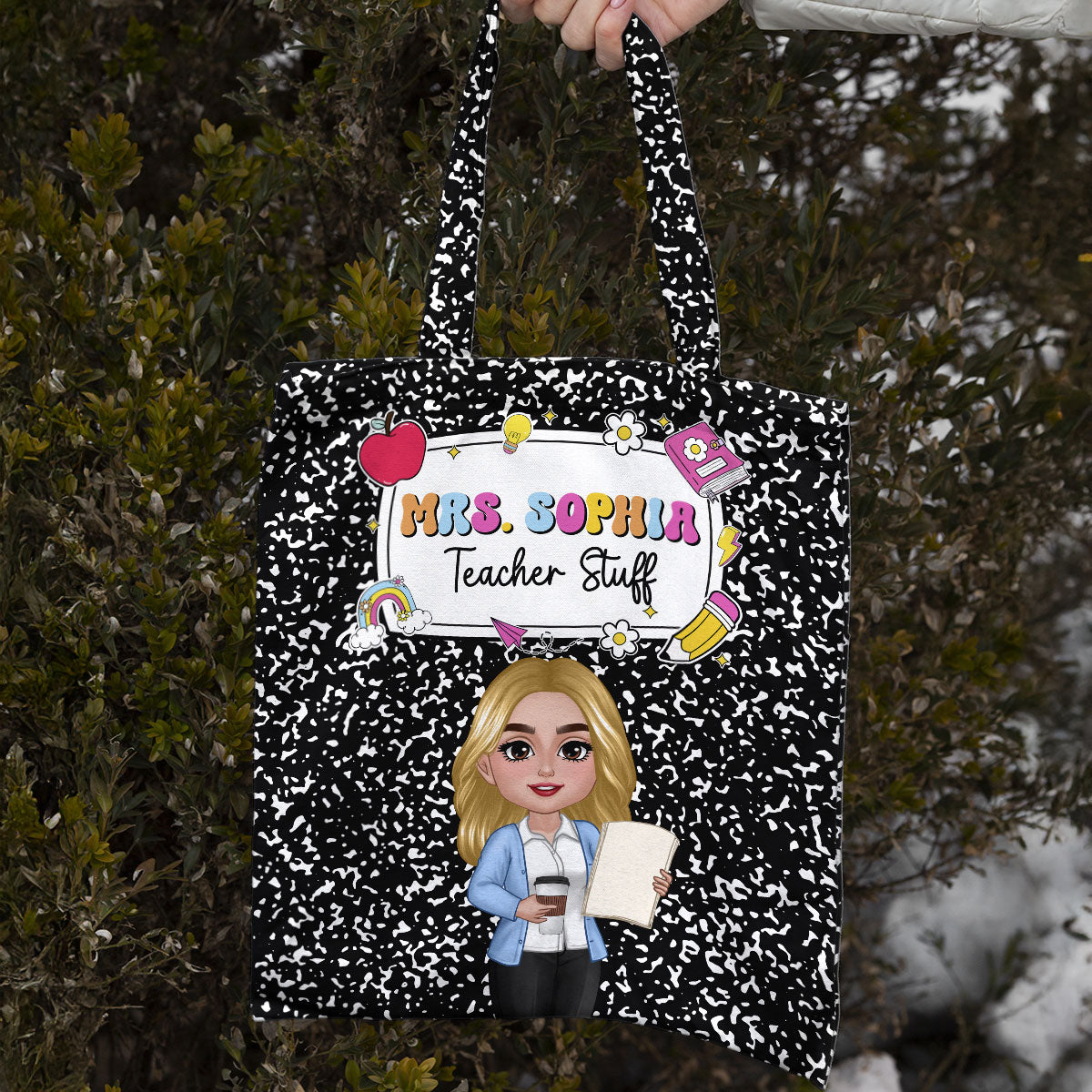 Teacher Composition Book Pattern Personalized Tote Bag, Back To School Gift For Teacher
