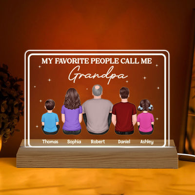 Favorite People Call Me Grandpa Dad Back View Man Sitting With Kids Personalized Custom Shape Acrylic Plaque Warm LED Night Light
