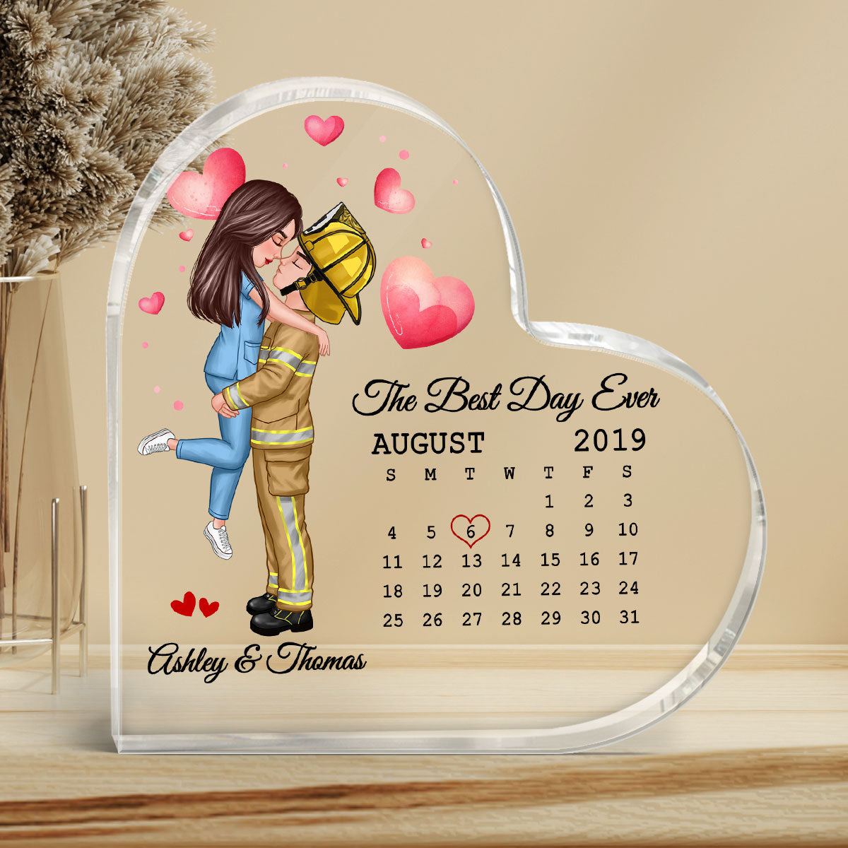 Couple Kissing Hugging Calendar Date Anniversary Valentine‘s Day Gifts by Occupation Gift For Her Gift For Him Firefighter, Nurse, Police Officer Personalized Acrylic Heart Plaque