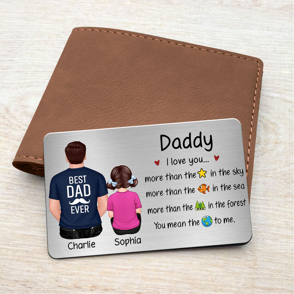 We Love You More Dad & Kids Back View Personalized Metal Wallet Card