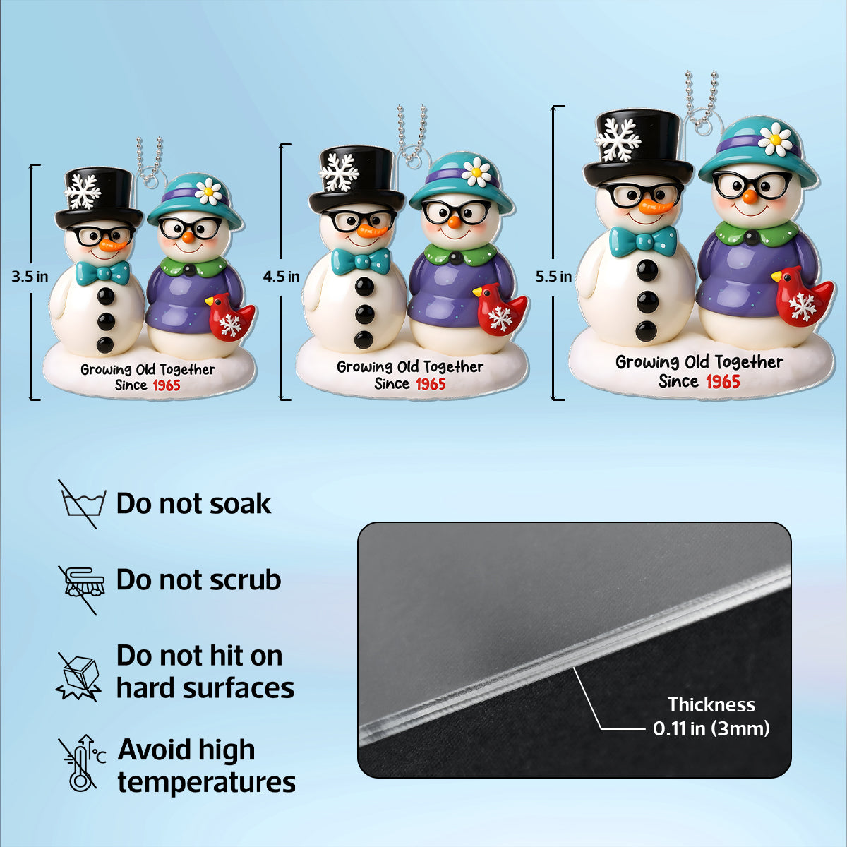 Snowman Couple Growing Old Together Personalized Acrylic Ornament, 3D Effect Ornament for Couple
