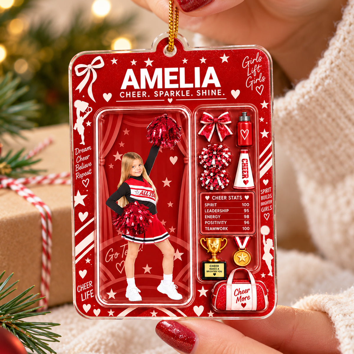 Custom Photo Upload Cheerleader Box 2D Flat Printed - Personalized Acrylic Ornament - Christmas Gift For Cheerleader Girl