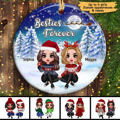 Doll Besties Sisters Under Moon Light In Christmas Night Personalized Circle Ornament