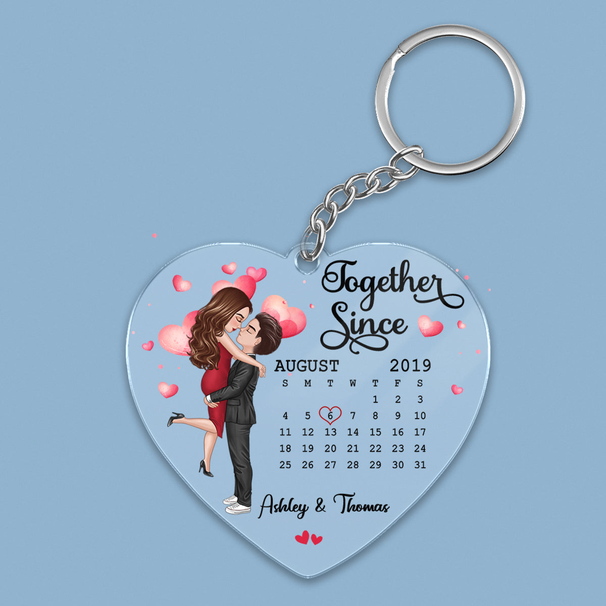 Doll Couple Hugging Kissing Together Since Anniversary Date Calendar Personalized Heart Acrylic Keychain - Gift For Couple - Gift For Him, Gift For Her