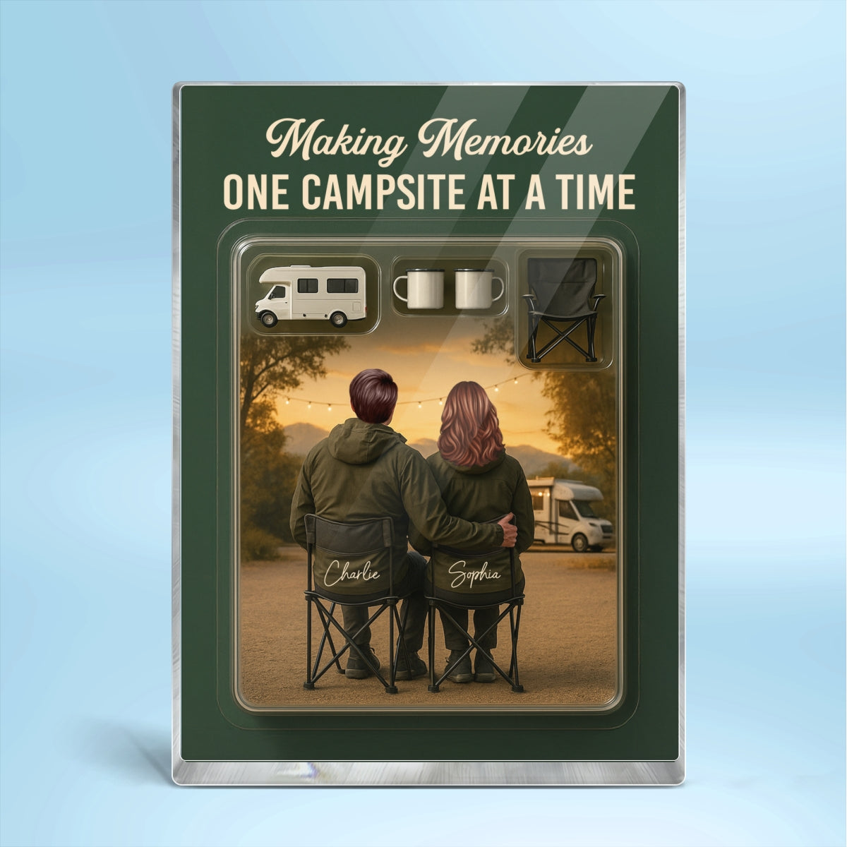 3D Effect Camping Couple Toy Box Custom Figure Personalized Rectangle Acrylic Block Plaque