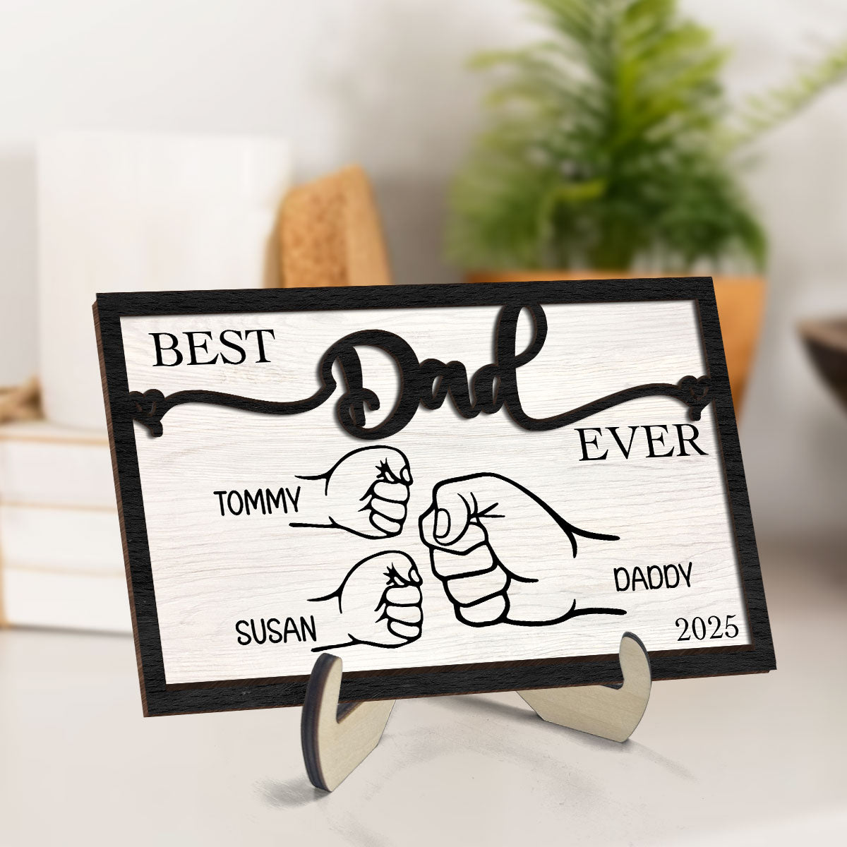Personalized Father's Day Gift, Fist Bump Dad and Kids 2-Layer Wooden Plaque