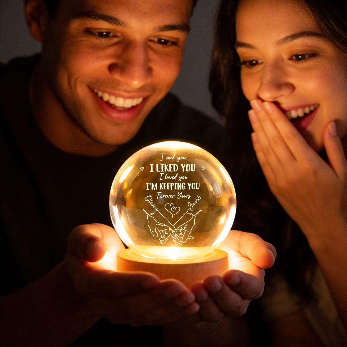 Couple Interlocked Hands I Met You I Loved You - Personalized Crystal Ball LED Night Light - Sentimental Gift for Her, for Him, Couple Keepsake