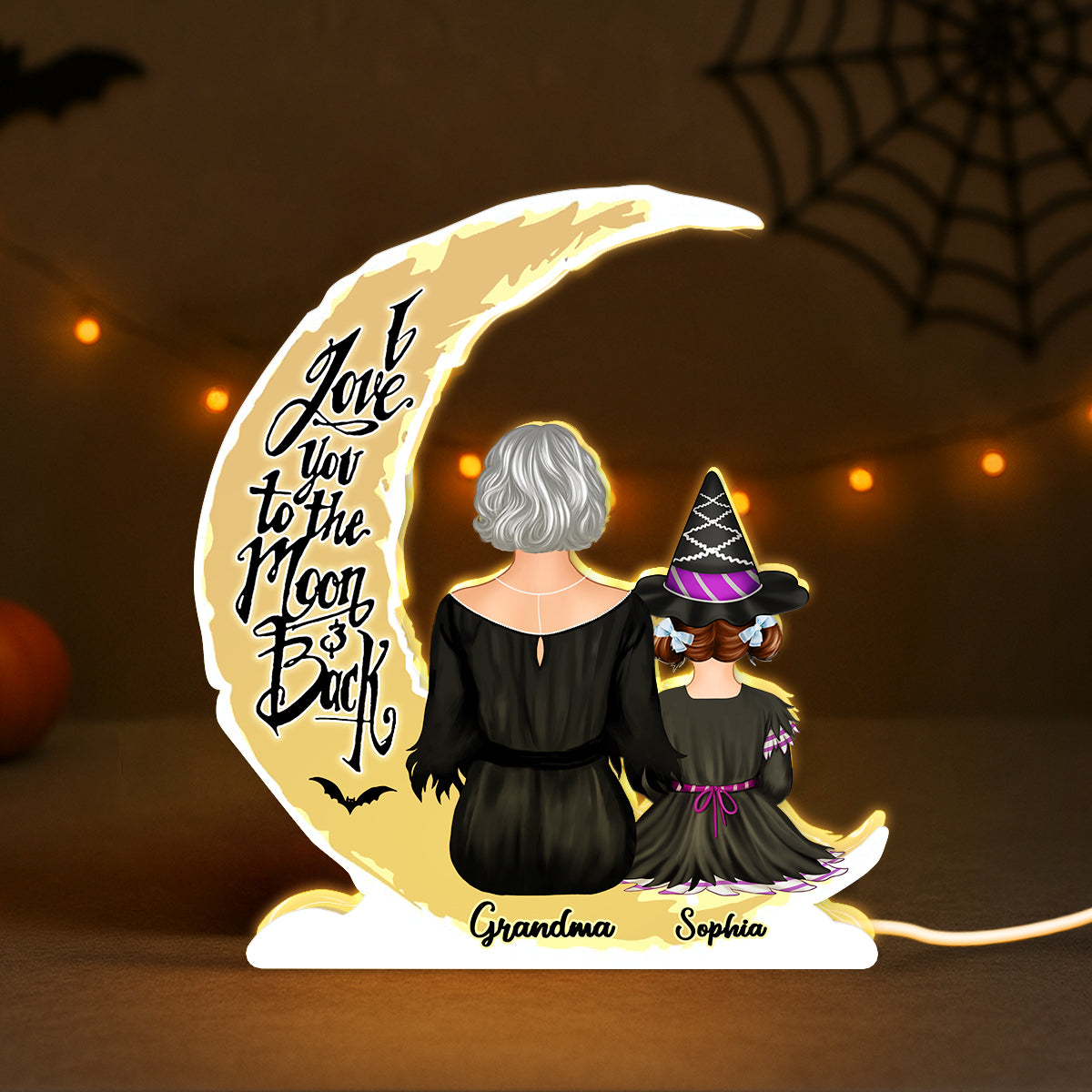 Grandma Grandkids On Moon Back View Halloween Personalized Light Box, Halloween Indoor Decor for Grandma