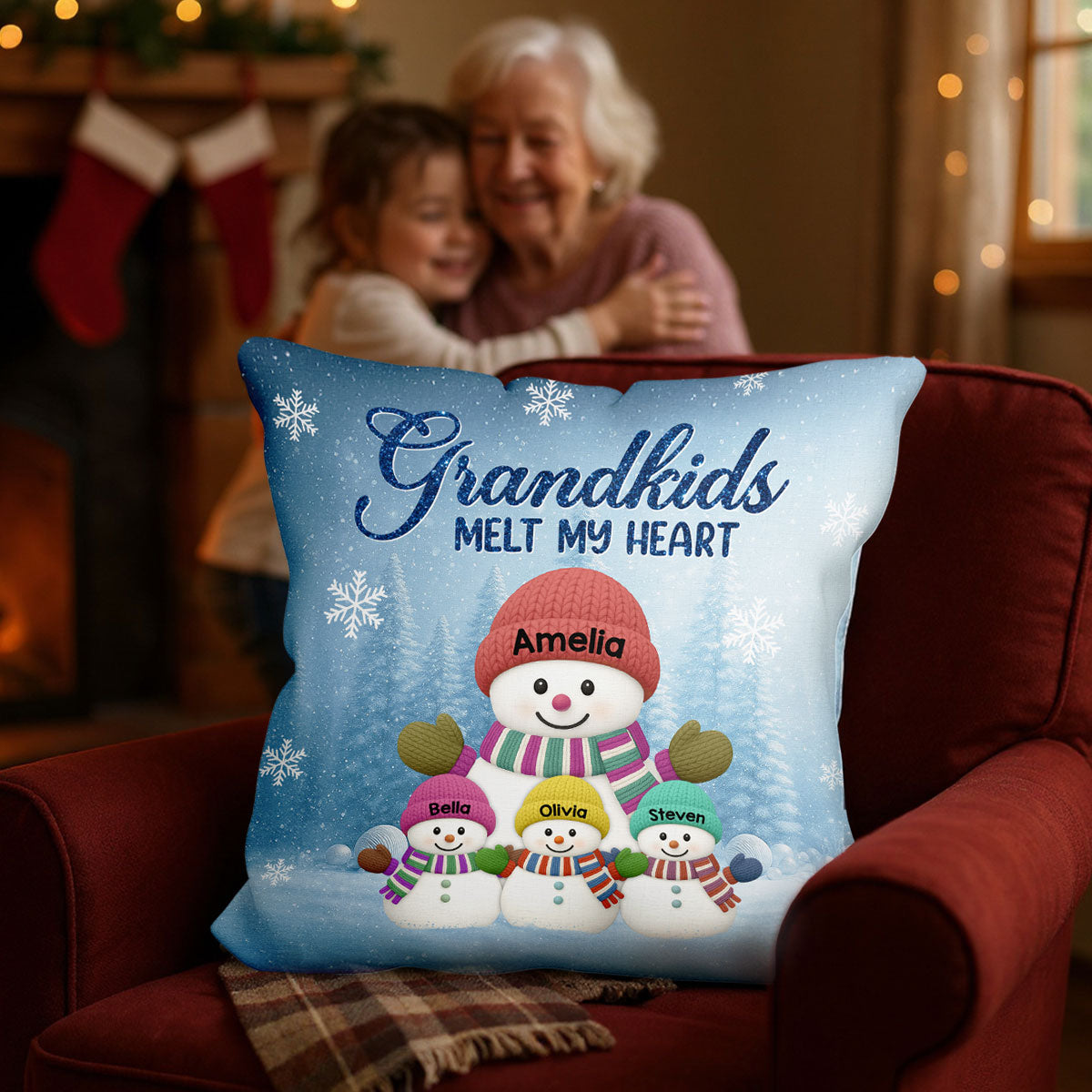 Christmas Snowman My Grandkids Melt My Heart - Personalized Pillow - Gift For Grandmas