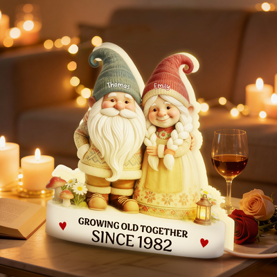 3D Effect Retro Vintage Nostalgia Gnome Couple Growing Old Together - Personalized Light Box - Heartfelt Valentine's Day Gift, Anniversary Gift For Couple, For Him, For Her