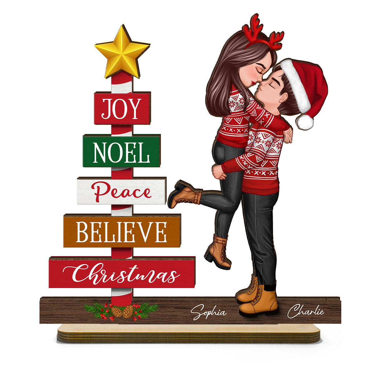 Couple Hugging Kissing Joy Peace Believe Christmas Decor Personalized 2-Layer Standing Wooden Plaque