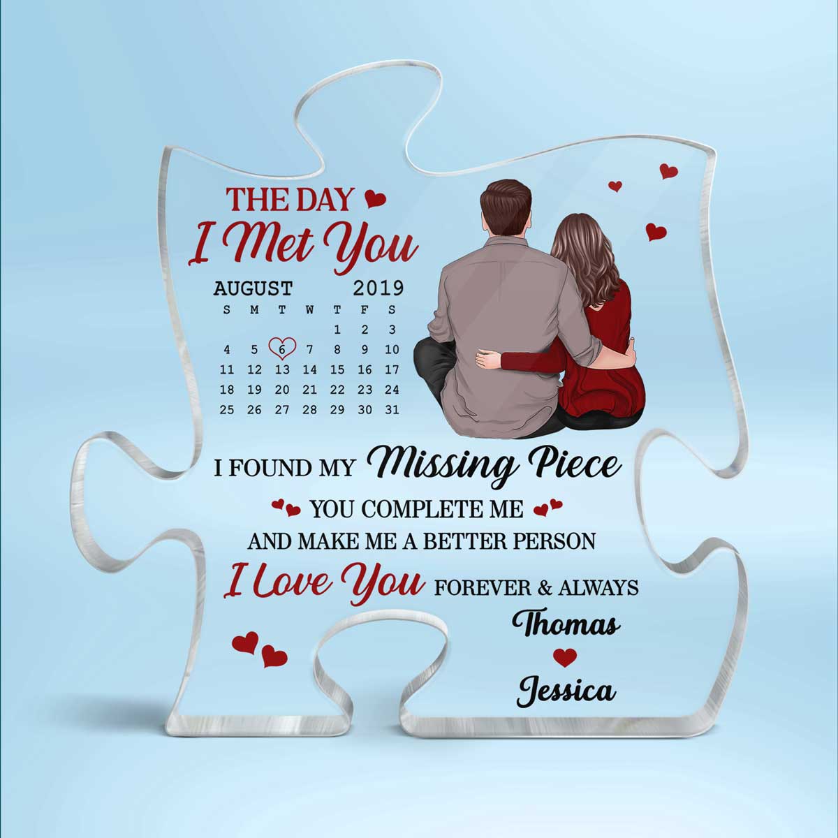 Back View Couple Sitting Calendar Anniversary Date Personalized Puzzle Acrylic Plaque