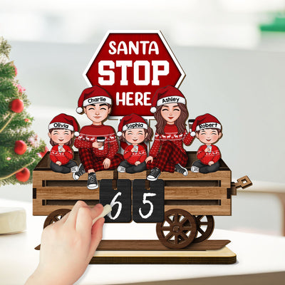 Christmas Wagon Santa Stop Here Family Sitting Personalized 2-Layer Standing Wooden Plaque