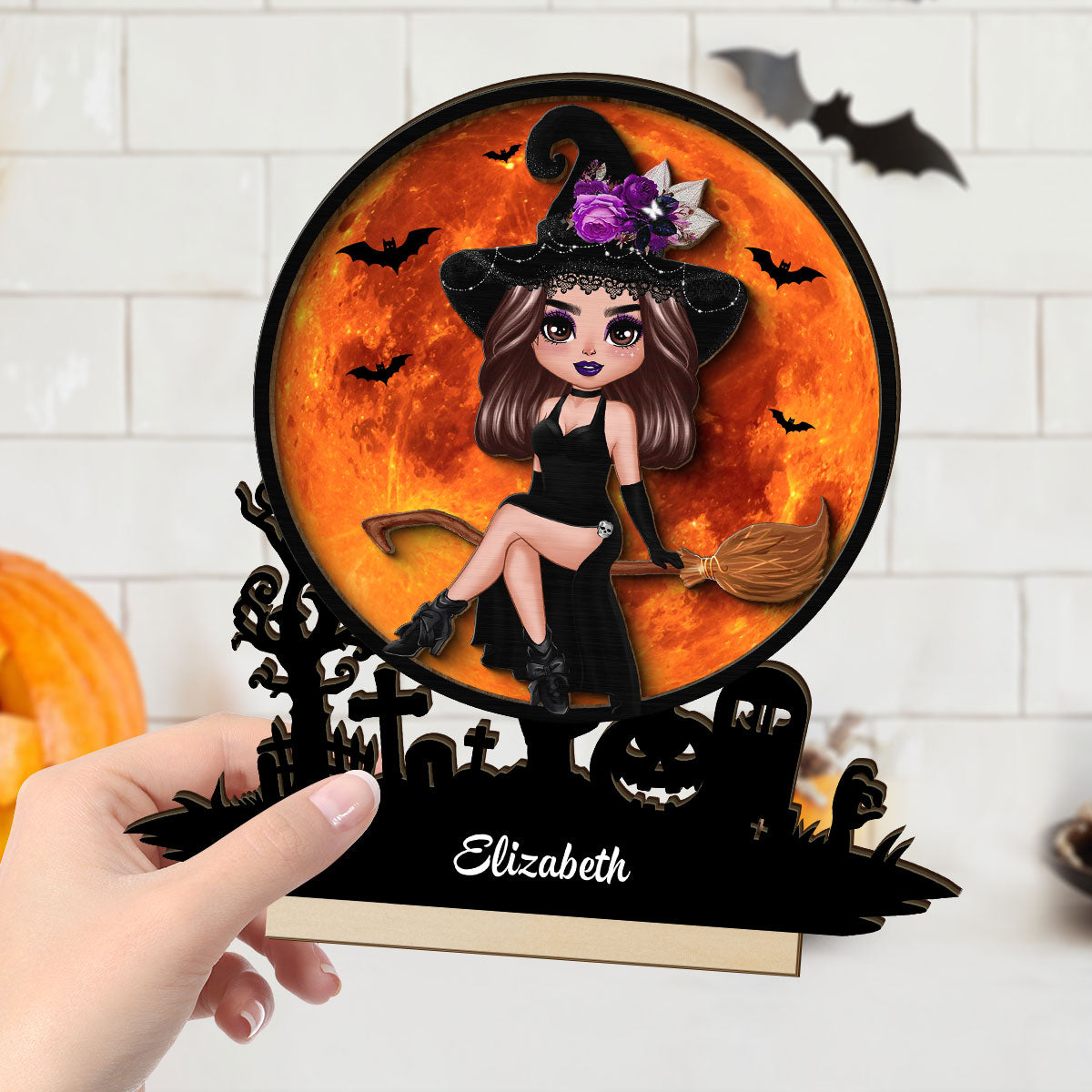 Witch On Broom Halloween Moon Tabletop Tier Tray Wicca Pagan Decor Personalized 2-Layer Standing Wooden Plaque