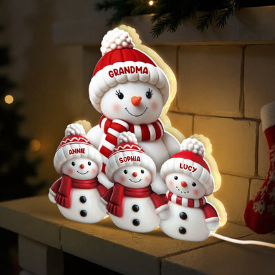 3D Effect Cute Snowman Grandma & Grandkids - Personalized Light Box - Christmas Decor For Family, Grandma