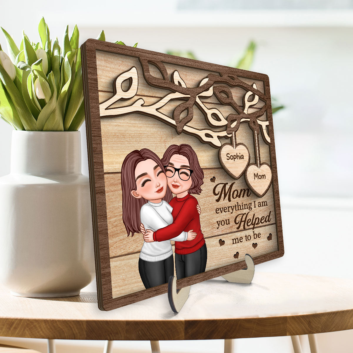 Mom Hugging Daughter Son Under Tree Mother‘s Day Gift For Mom Personalized 2-Layer Wooden Plaque