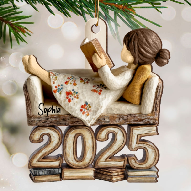3D Effect Girl Reading Book Sofa 2025 - Personalized Wooden Ornament - Christmas Gift For Book Lover, Bookworm