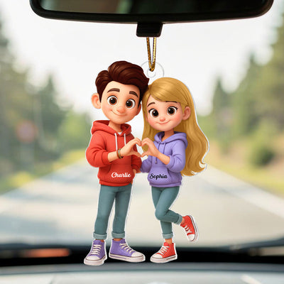 Cute Cartoon Couple Heartfelt Moment - Personalized Acrylic Car Hanger - Sentimental Gift for him, for her