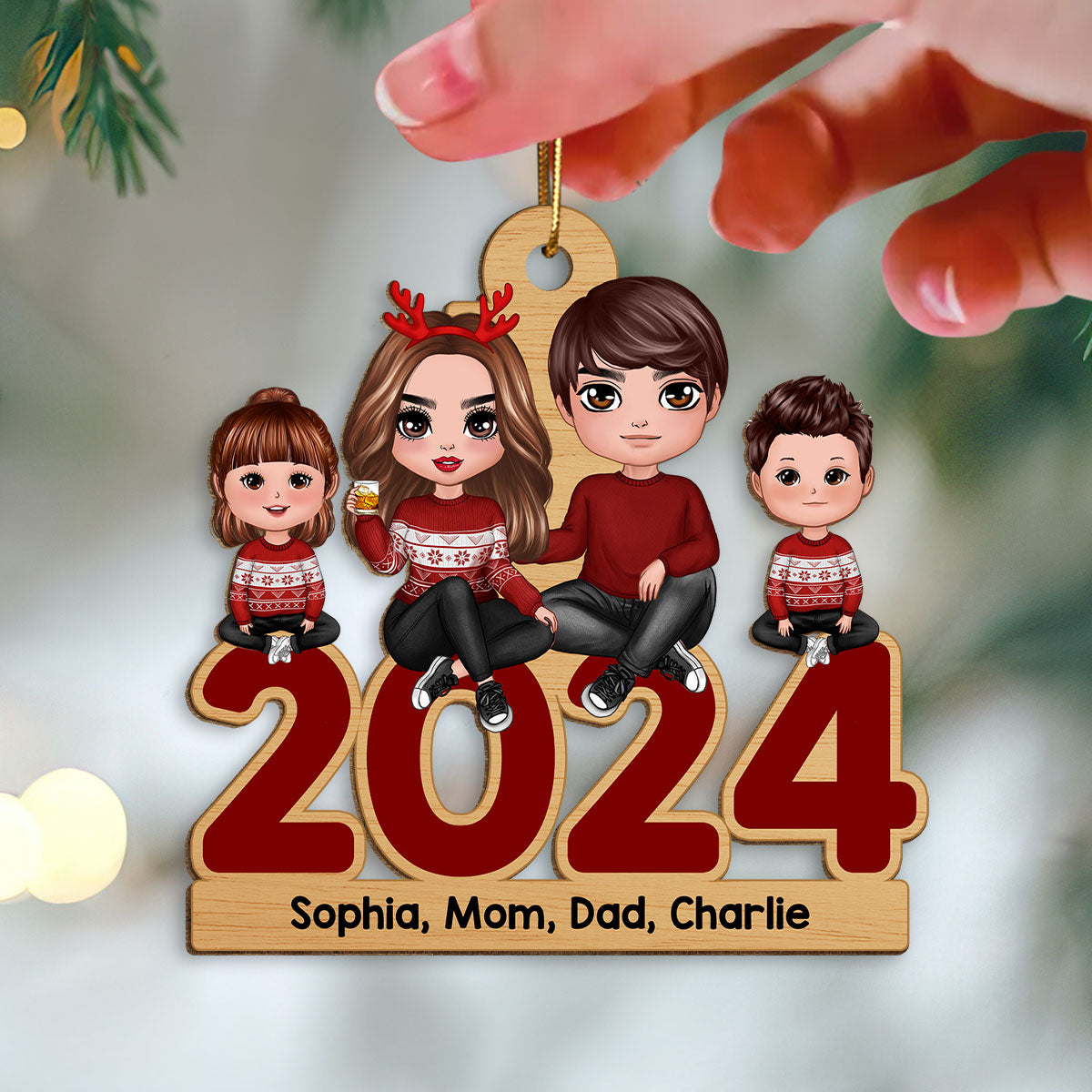 Family Sitting 2024 Christmas Personalized Wooden Ornament, Christmas Gift For Family