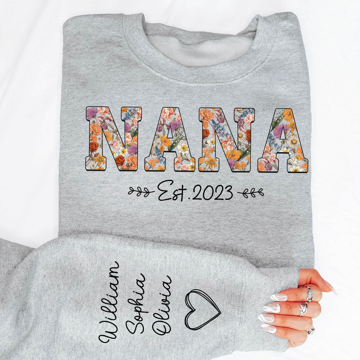 Vintage Flowers Grandma Est With Grandkids Names Personalized Sleeve Printed Shirt