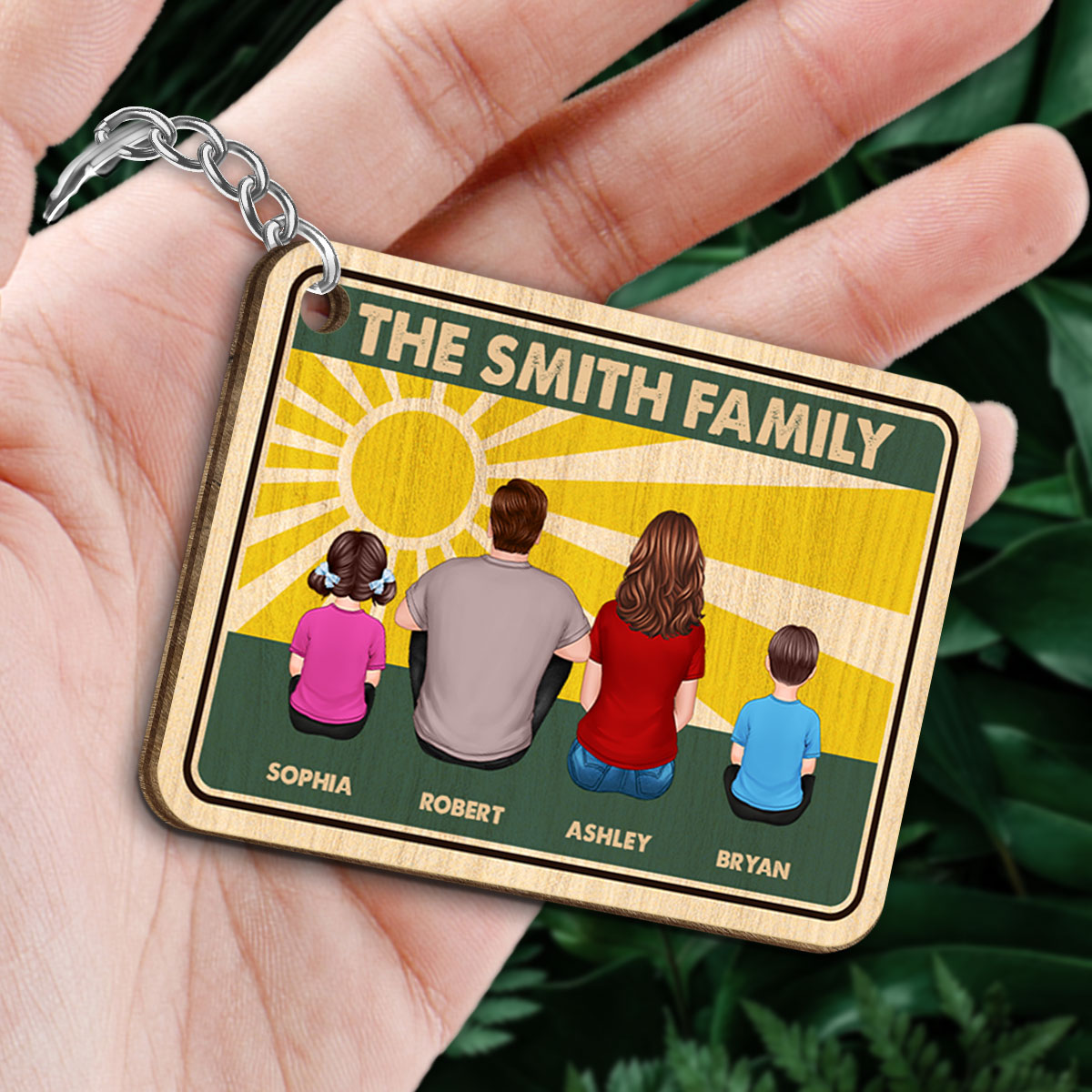 Family Back View Sitting Retro Palette Personalized Wooden Keychain