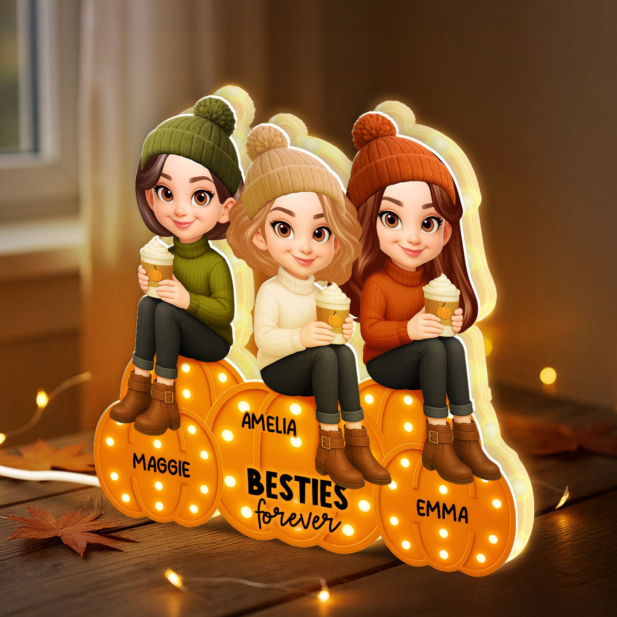 Besties Sisters Sitting On Pumpkins Marquee Pattern Effect Personalized LED Light Box, Cozy Fall Vibe Home Decoration