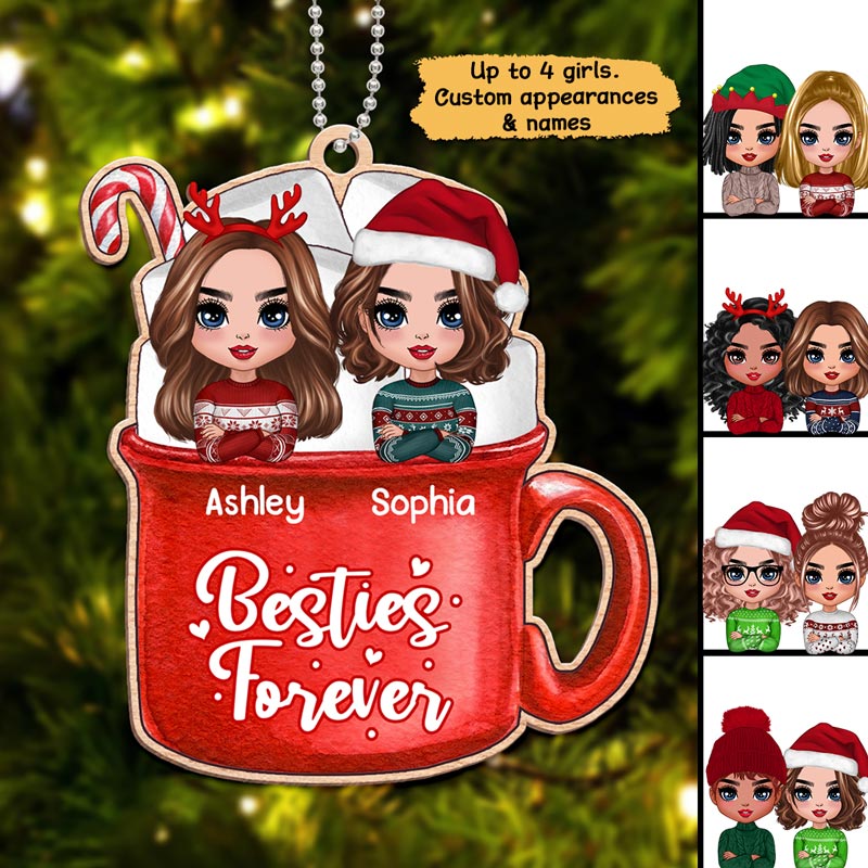 Christmas Doll Besties In Hot Cocoa Marshmallow Cup Personalized Wooden Ornament
