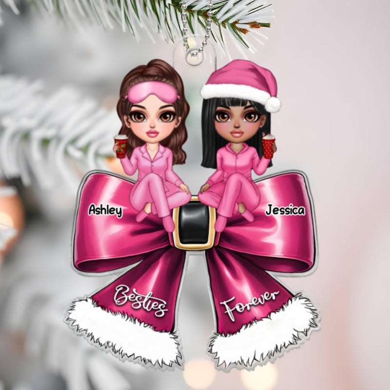 Christmas Coquette Bow Best Friends Personalized Acrylic Ornament, Christmas Gift For Besties