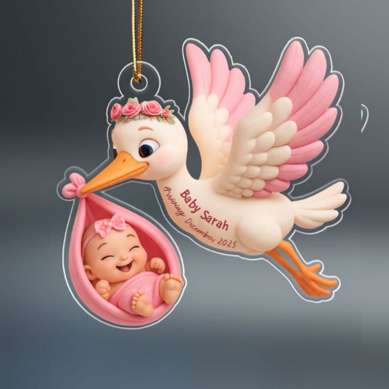 3D Effect Cute Stork And Baby Personalized Acrylic Ornament, Heartfelt First Gift for Pregnant Mom