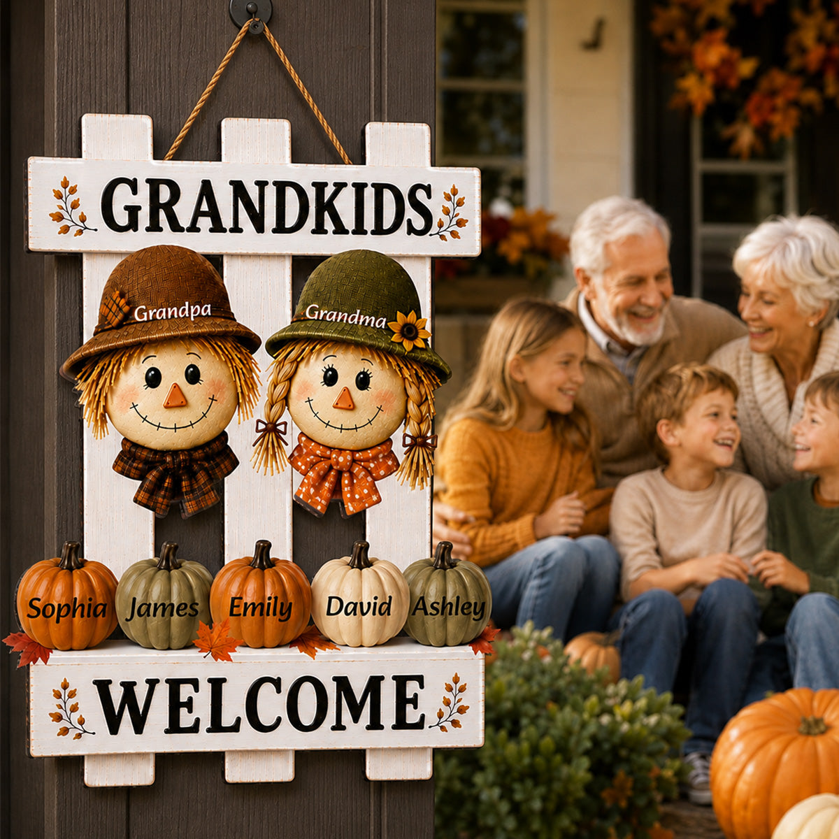 Scarecrow Grandparents Welcome Grandkids 2D Flat - Personalized Wood Sign