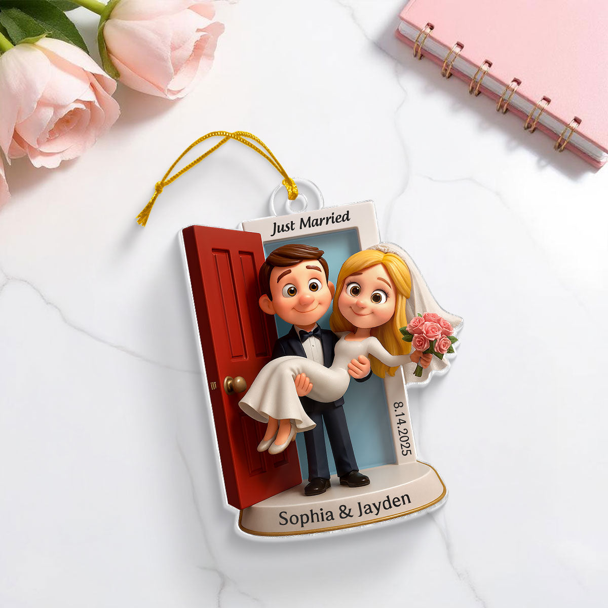 Personalized Our First Christmas Married Ornament | Customized Wedding Couple Threshold, Groom Carrying Bride | Just Married Newlyweds Marriage Keepsake