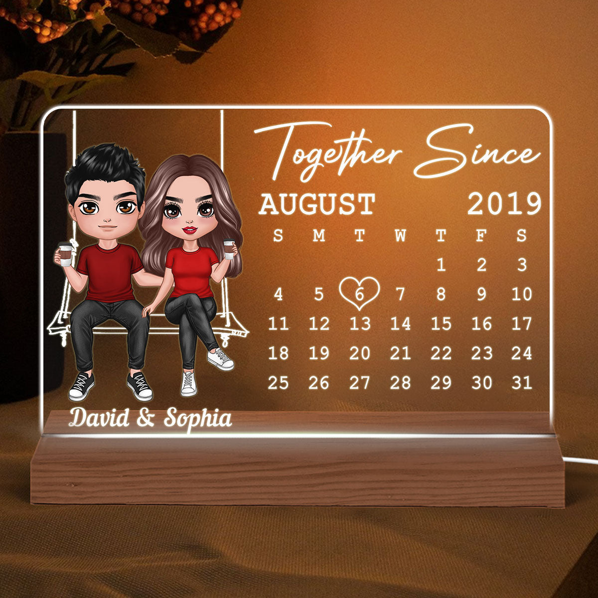 Doll Couple On Swing Anniversary Date Calendar Rectangle Personalized Custom Shape Acrylic Plaque With LED Night Light - Anniversary Gift For Couple - Gift For Him - Gift For Her