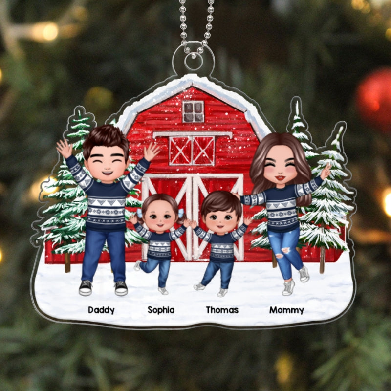 Happy Doll Family Dad Mom Kids Dogs Cats At Christmas Tree Farm Red Barn Personalized Acrylic Ornament