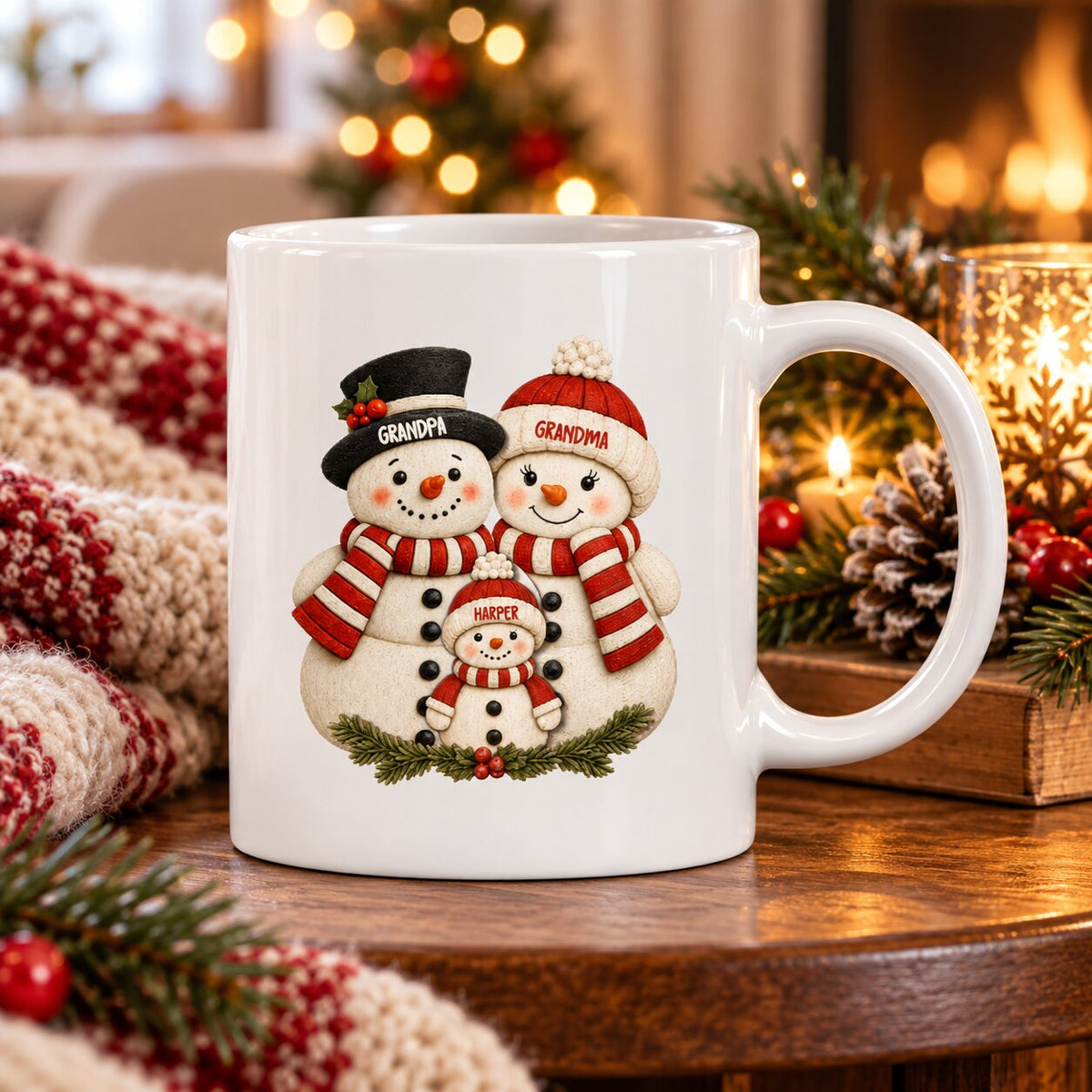 Cute Snowman Grandparents & Grandkids 2D Flat Printed - Personalized Mug - Christmas Gift For Family, Grandma, Grandpa