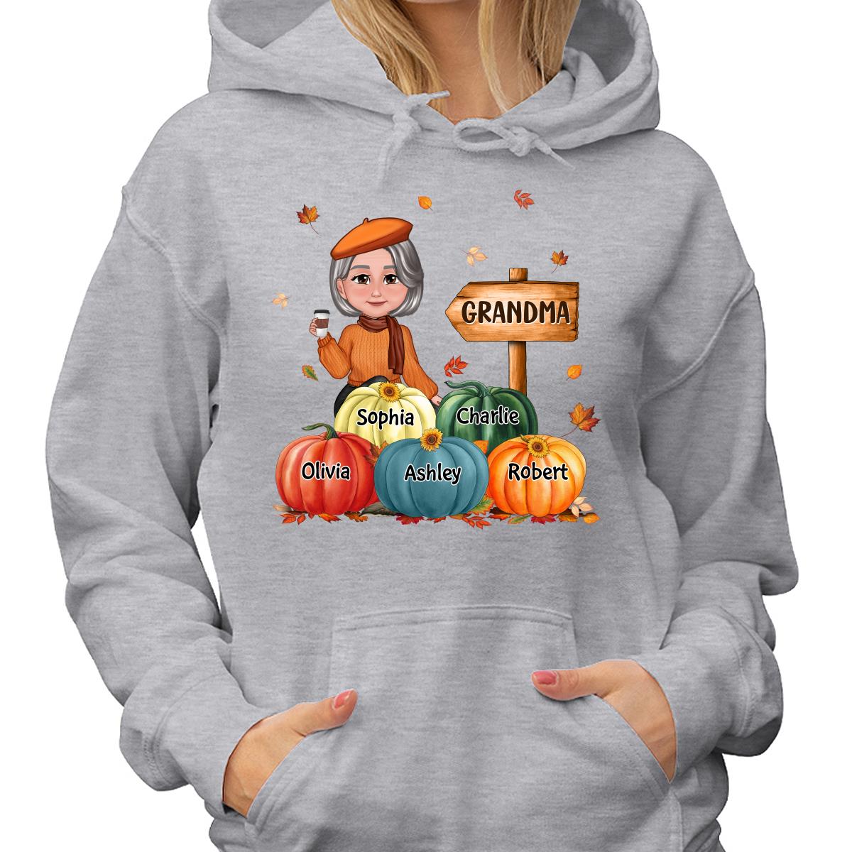 Grandma Mom Sitting In Pumpkin Patch Personalized Shirt