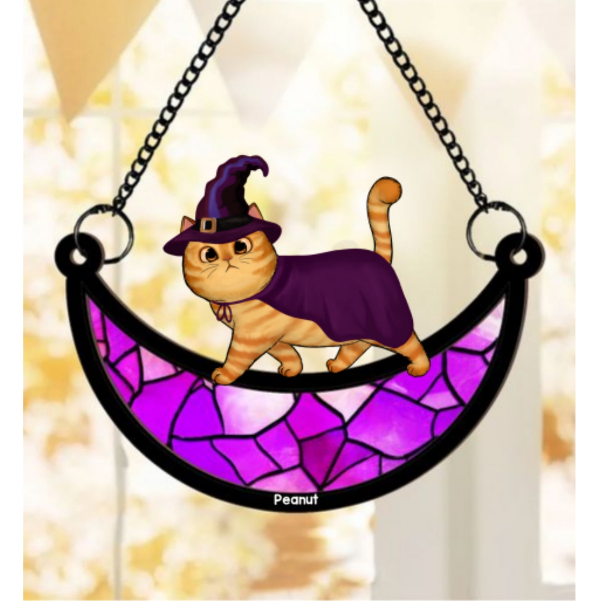 Halloween Cat Walking On Moon Personalized Suncatcher, Halloween Decoration