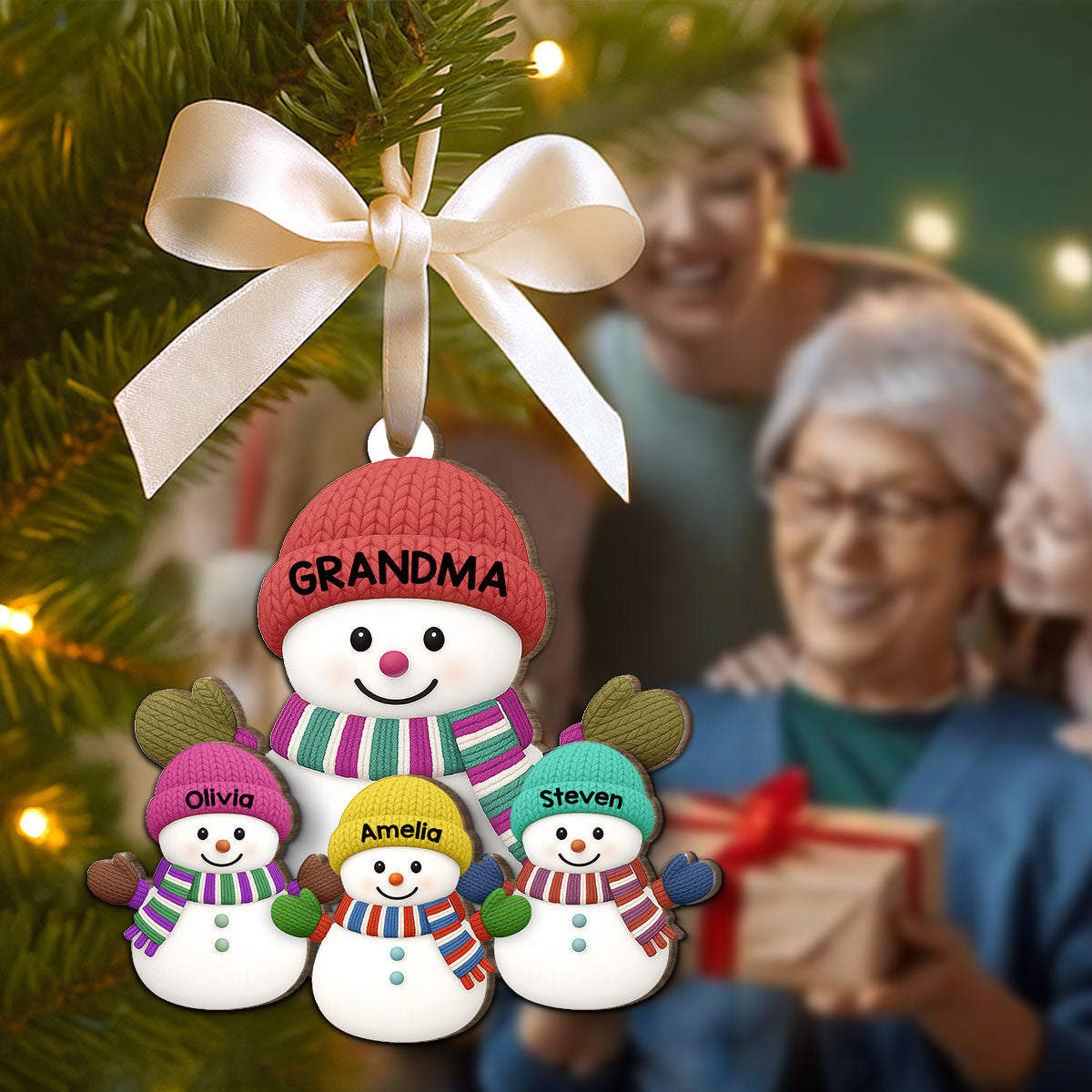 Christmas Grandma Grandkids Snowman Together Christmas - Personalized 2-Layer Wooden Ornament