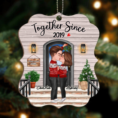 Couple Kissing Under Mistletoe Front Porch Personalized Wooden Ornament