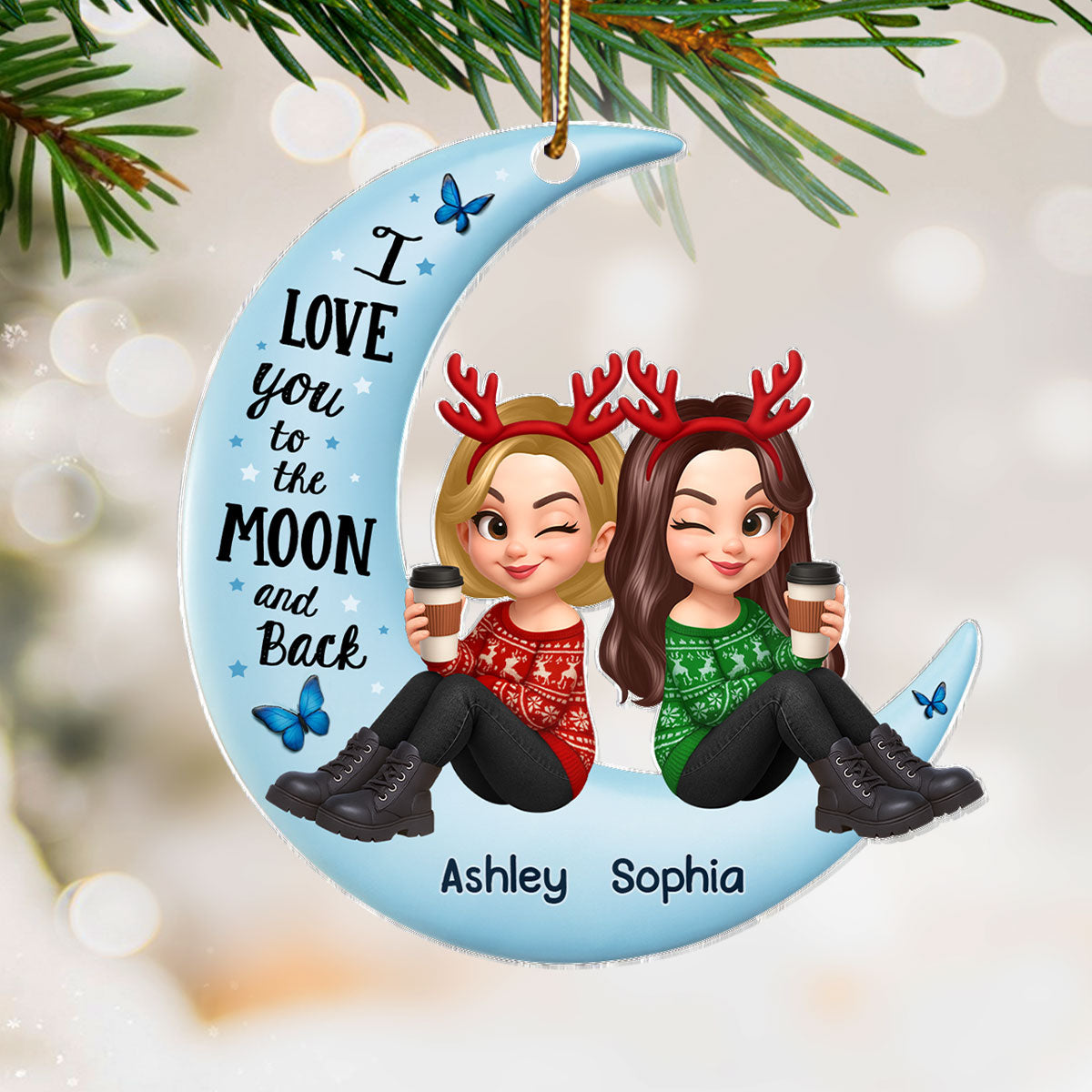Christmas Besties Sisters Sitting On Moon 3D Effect Personalized Acrylic Ornament