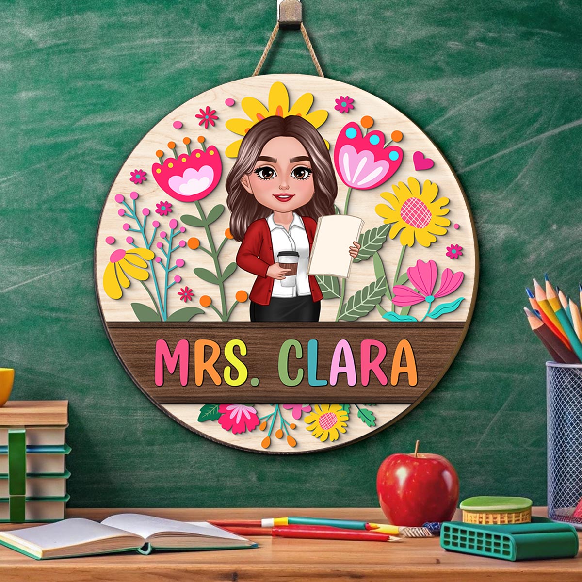 Teacher Flower Pattern Personalized Wood Sign| Back To School Gift For Teachers, Classroom Decoration