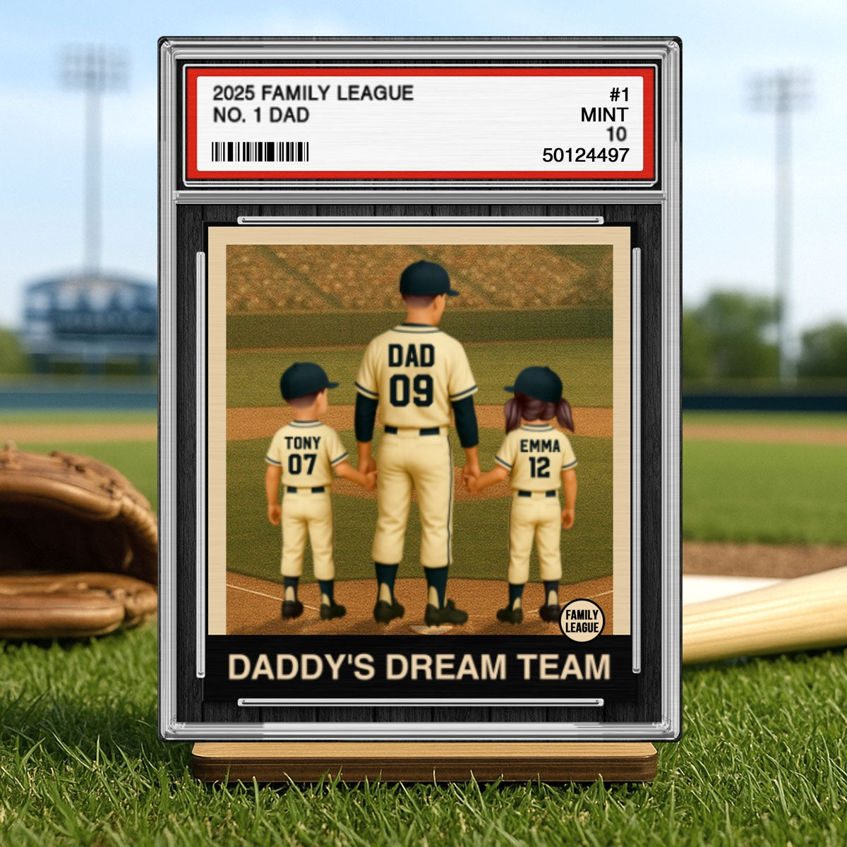 Baseball No. 1 Dad Man & Kids Trading Card Style Personalized 2-Layer Standing Wooden Plaque