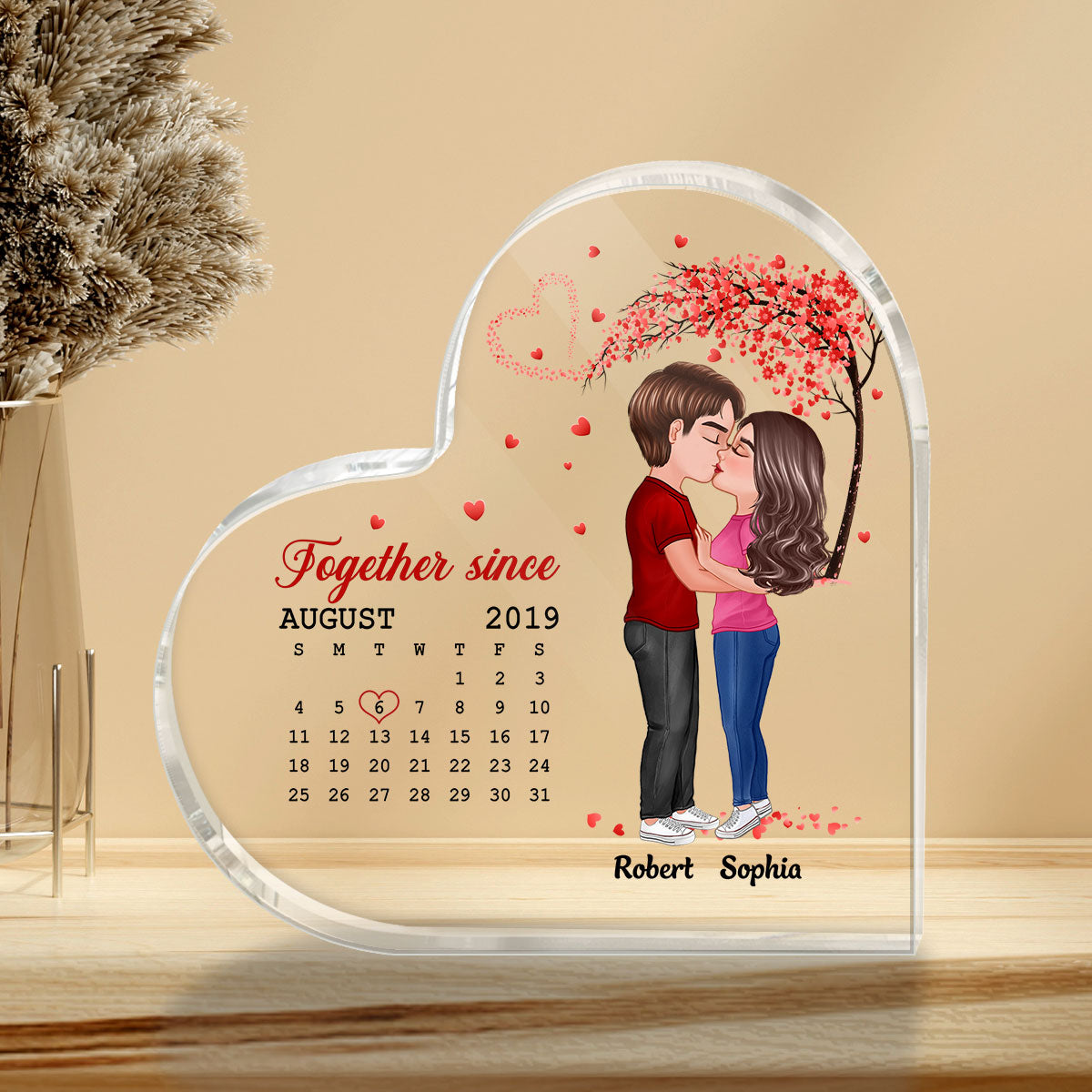 Doll Couple Kissing Under Red Heart Tree Calendar Anniversary Date Personalized Heart Acrylic Plaque