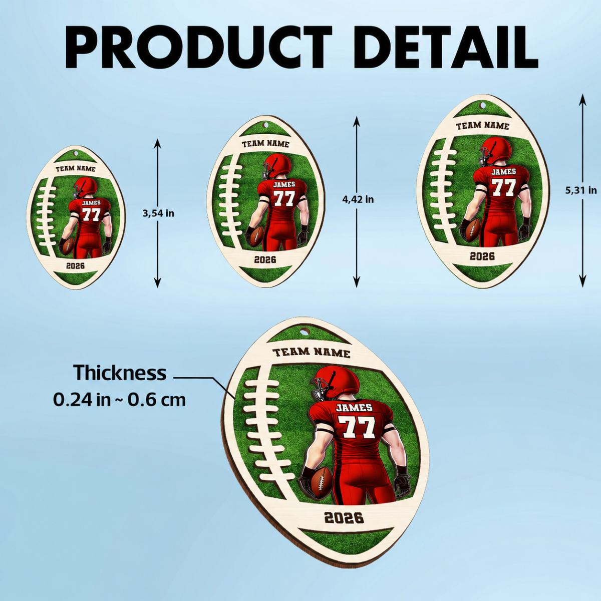 Personalized 3D Football Ornament, 2 Layered Wooden Sports Ornament with Name and Custom Text