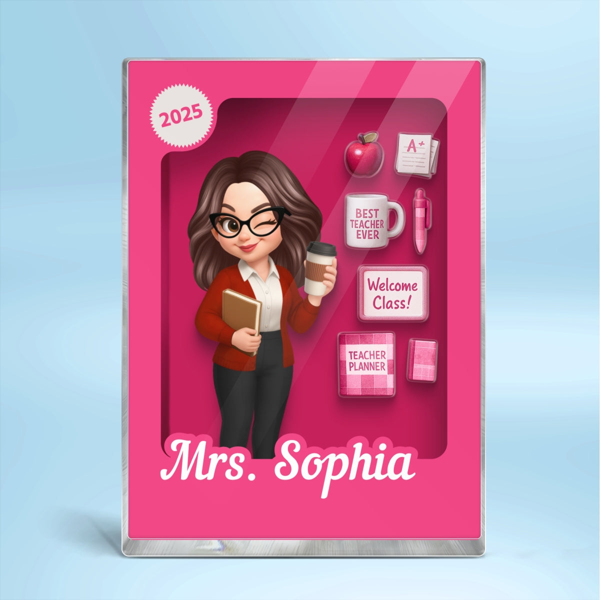 Pretty Teacher 3D Effect Toy Box Action Figure Personalized Acrylic Block, Back To School gift for Teachers